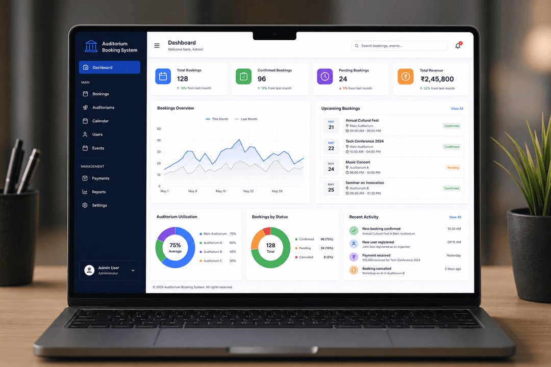 Auditorium Booking System website mockup inside desktop and mobile device frames